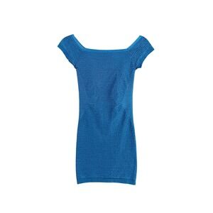 Bebe Blue Mini Dress Bodycon Short Sleeve‎ Ribbed Square Neckline Made USA